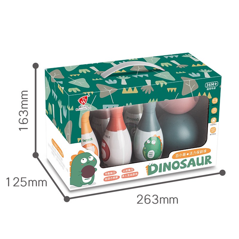 BỘ ĐỒ CHƠI NÉM BÓNG BOWLING HÌNH KHỦNG LONG DỄ THƯƠNG CHO BÉ( 6 CHAI + 2 BÓNG NÉM KÈM HỘP ĐỰNG)
