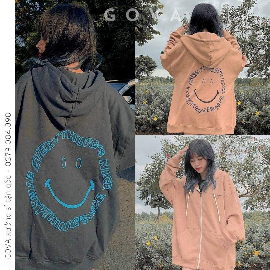 Áo khoác nỉ Hoodie MẶT CƯỜI Dây Kéo form rộng áo nỉ bông nữ Unisex AKN4 GOVA