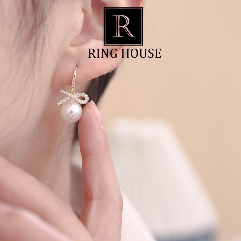 E91 Bông Tai Khuyên Tai Nữ Nơ Hạt Trai Đẹp Sang