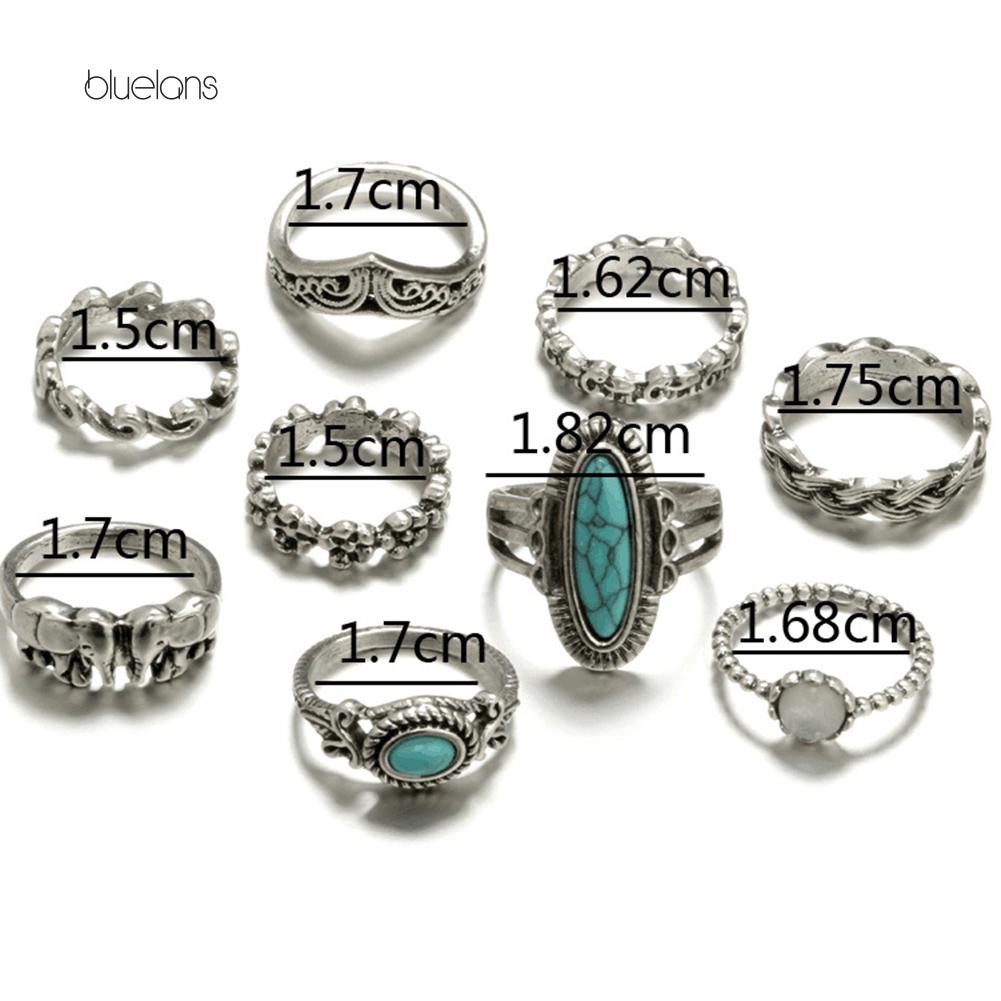 Đèn Bluelans Bluelans Bluelans Chất Lượng Cao❈Vòng Đeo Tay Kiểu Hàn Quốc Chất Lượng Cao❈Bộ Chín Chiếc Nhẫn Kim Loại Hình Học Đính Đá Ngọc Lam Phong Cách Dân Tộc Thời Trang