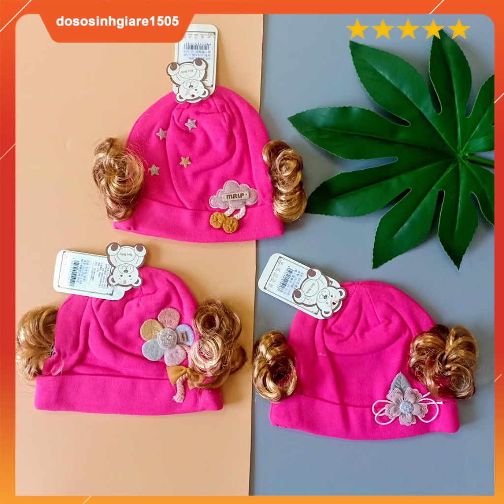 Mũ Sơ Sinh Cotton có tóc Cho Bé gái 0-4 Tháng/ Nón Sơ Sinh 2 lớp