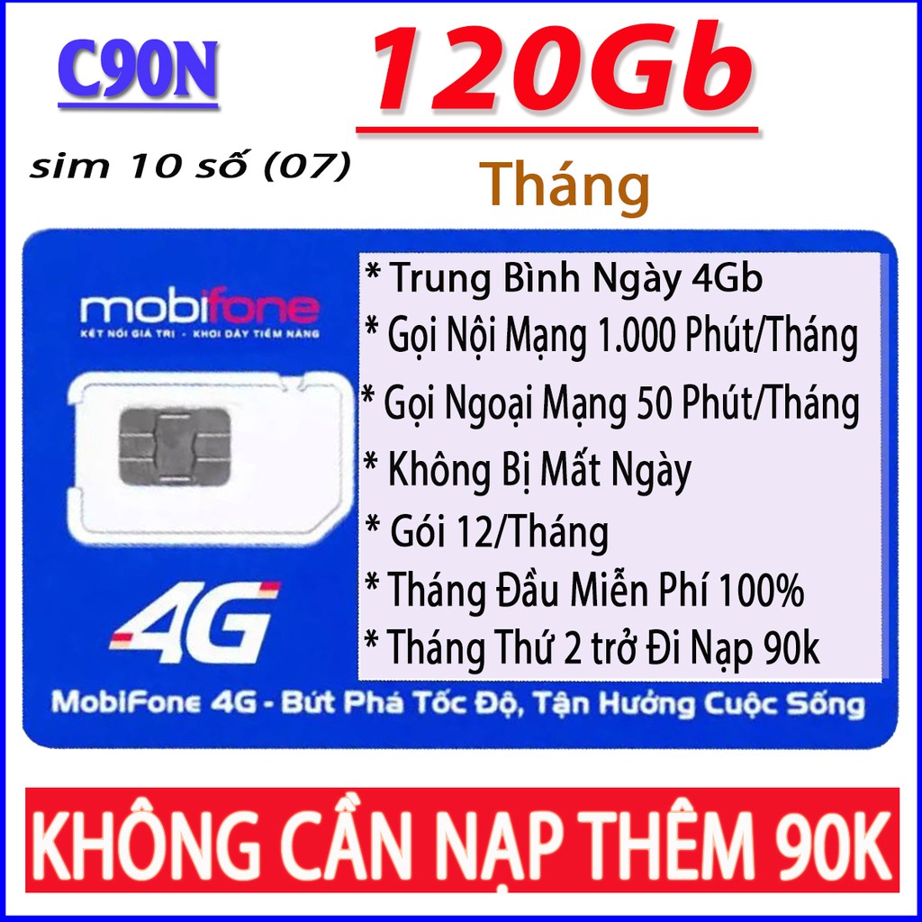 SIM 4G Mobifone C90N | 10 số (07) Tặng 120Gb + 1.000 Phút Nội Mạng + 50 Phút Ngoại Mạng