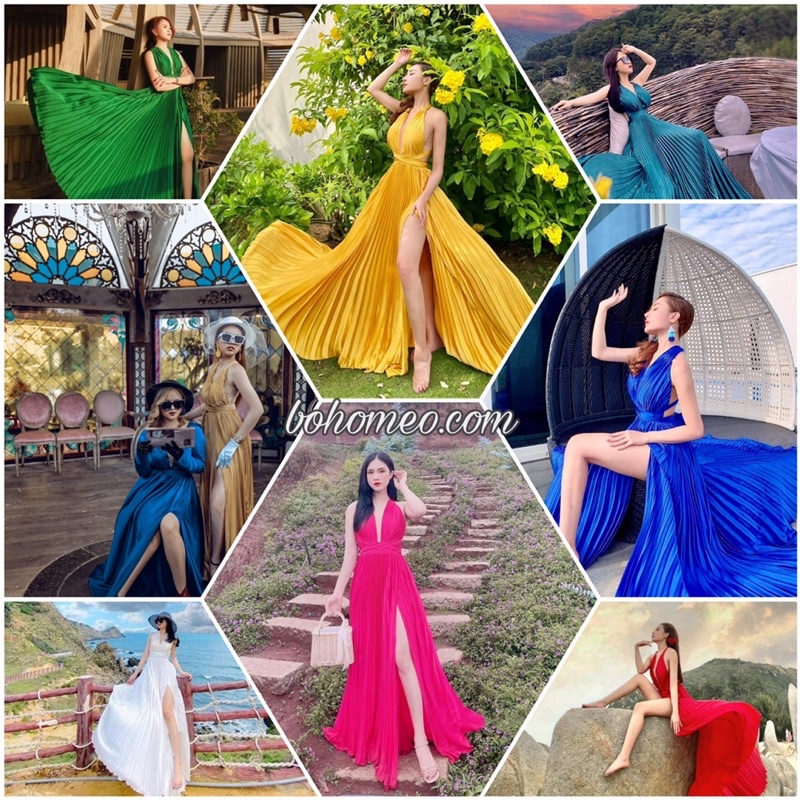 Đầm Maxi Đi Biển, Váy Maxi Dập Ly, Chấ Lụa Mềm Mướt