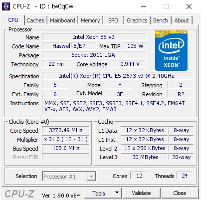 CPU Intel Xeon E5-2673V3 (2.4GHz turbo up to 3.2GHz, 12 nhân 24 luồng, 30MB Cache, 110W) – Socket Intel LGA 2011-v3