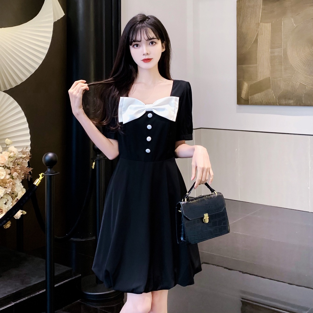 Đầm Perty dáng ôm đính nơ phong cách retro Hàn Quốc dành cho nữ