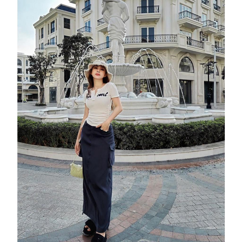 SET ÁO CROPTOP CỔ V XẺ RÚT DÂY CHỮ + CHÂN VÁY XANH MỰC TÚI HỘP (TH)