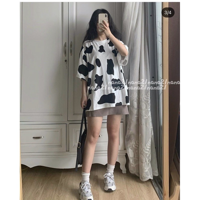 Áo thun tay lỡ form rộng bò sữa unisex