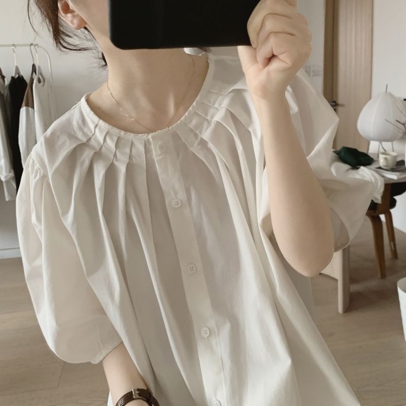 Áo Kiểu Cotton Tay Ngắn Phồng Cổ Tròn Dáng Rộng Thời Trang Mùa Hè Mới Cho Nữ