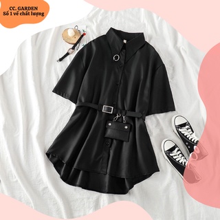 Áo sơmi đen nữ ngầu chất hot tiktok sẵn size M tặng kèm đai lưng như hình
