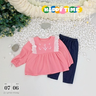 Sét bộ bánh bèo thêu hoa áo cotton nhún dễ thương mix quần giả bò cực thoải mái -PITUPI-BEBOONG