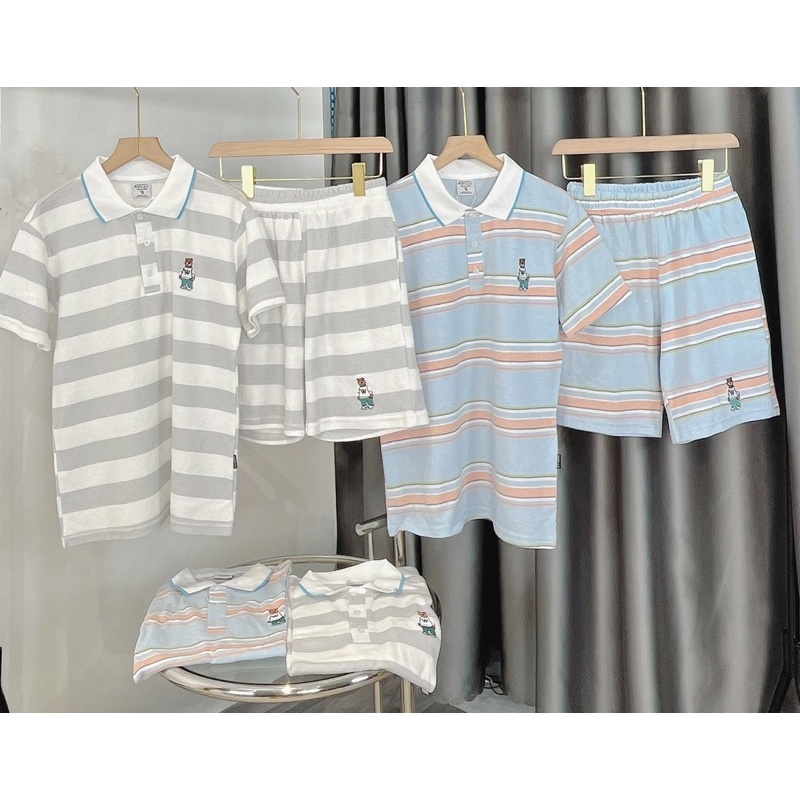 Set bộ gấu Teddy W sọc ngang thun cotton cá sấu áo polo cổ bẻ + quần lửng lưng thun có túi thời trang hè năng động