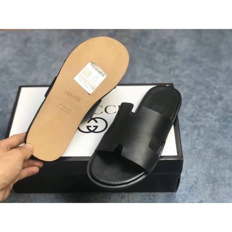 🔥HÀNG CAO CẤP🔥Dép hermes quai ngang nam da PU, đế giả gỗ cao cấp