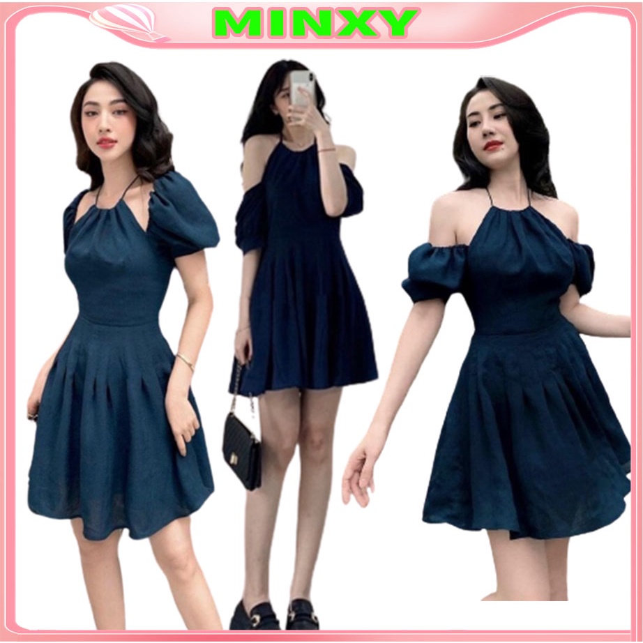 Váy thô cổ yếm đâm dáng xoè trễ vai sang chanh , váy trễ vai tay bồng tiểu thư màu xanh than đẹp hàng hai lớp-Minxy shop