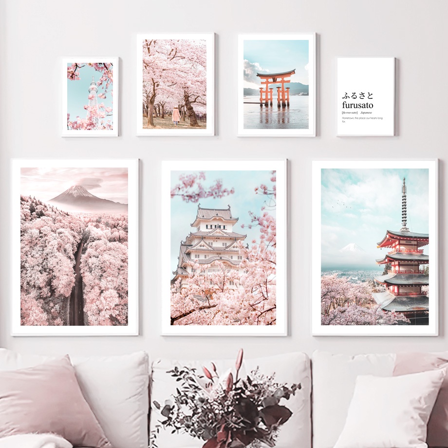 Tranh Vải Bạt Treo Tường In Hình Phong Cảnh Hoa Anh Đào Nhật Bản Trang Trí Nhà Cửa