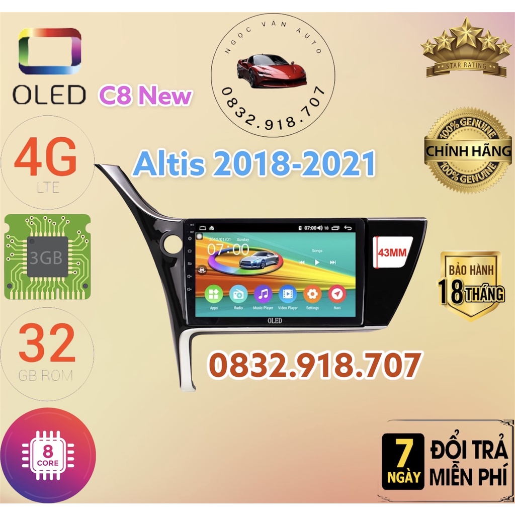 Màn hình android OLED C8 New theo xe Altis 2018 - 2021  kèm dưỡng và jack nguồn zin theo xe