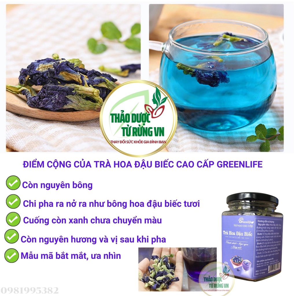 Trà Hoa Đậu Biếc Sấy Lạnh GREELIFE - Hoa Đậu Biếc Khô Hàng Xuất Khẩu Nguyên Vẹn Màu Sắc, Mùi Vị Thảo Dược Từ Rừng VN