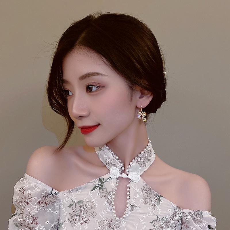 Đôi Bông Tai Hình Nơ Đính Ngọc Trai Giả Thời Trang Hàn Quốc