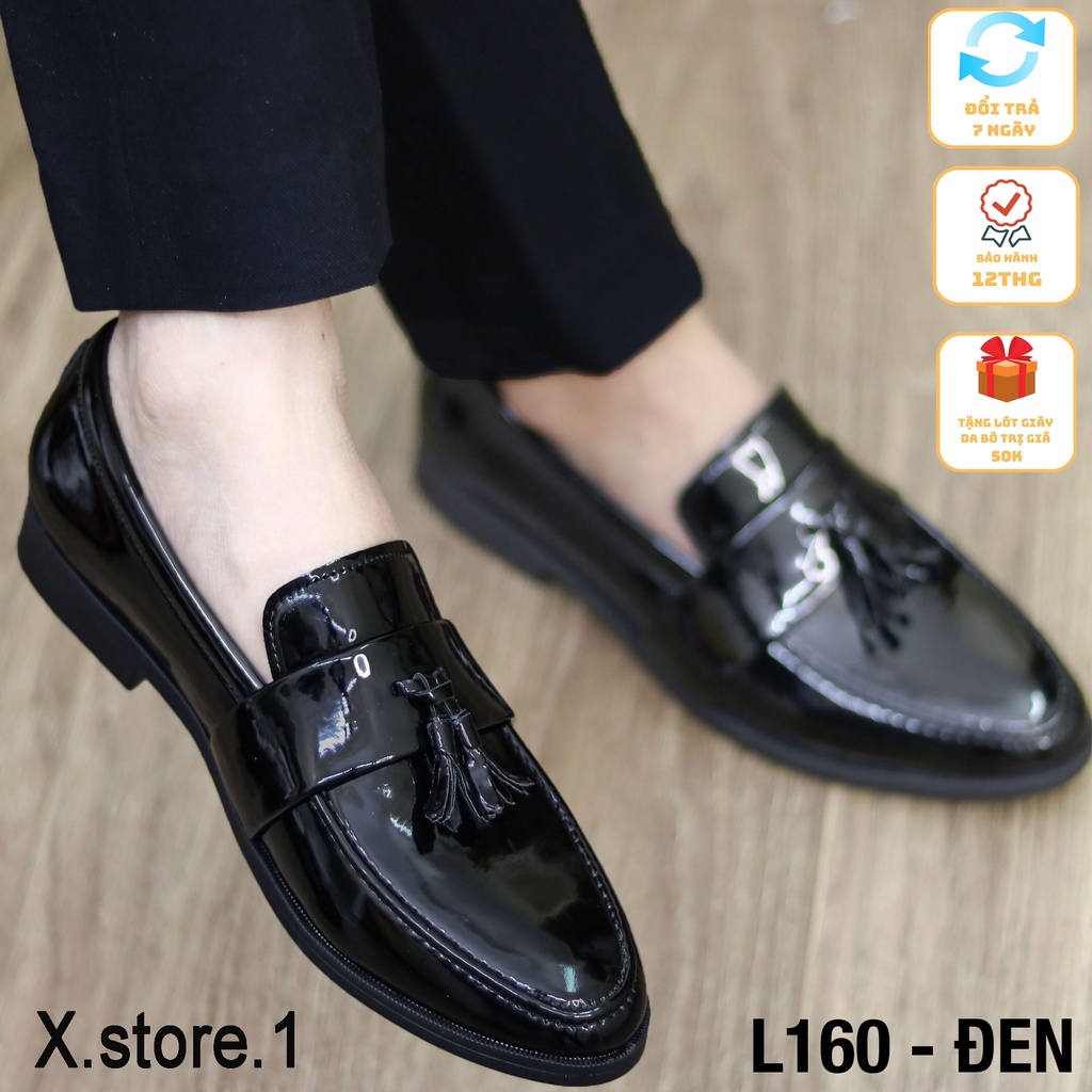 Giày Lười Nam Da Bóng Gắn Chuông Đế Cao Su Đúc 3cm Mã L160 Màu Đen Hàng Việt Nam