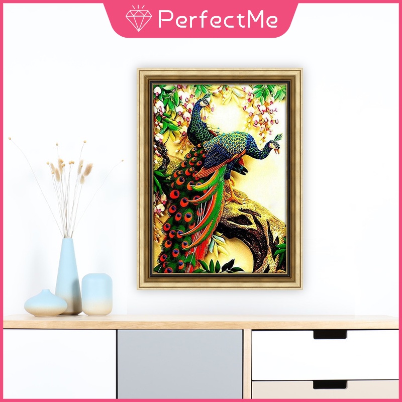 Bộ Tranh Đính Đá 5D Hạt Tròn Tự Làm 30x40cm Hình Chim Công Trang Trí Nhà Cửa