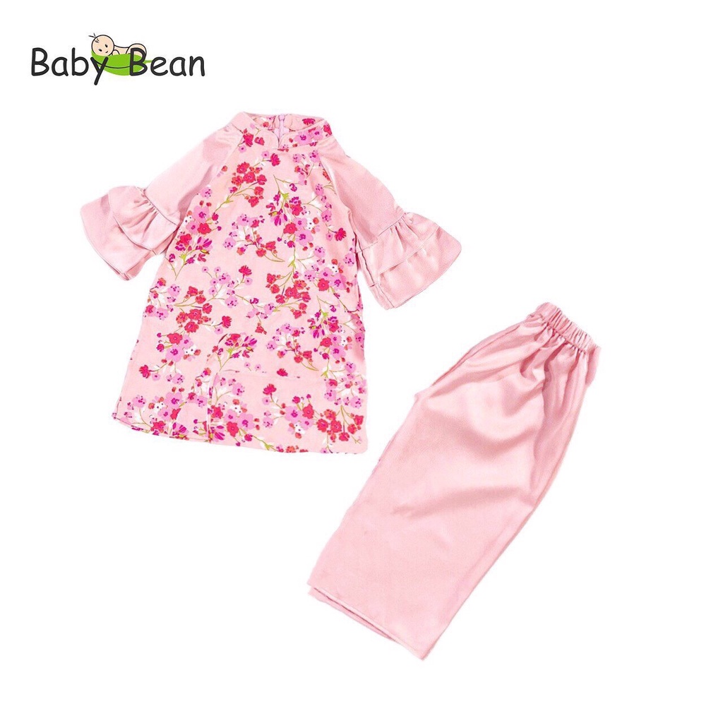 Bộ Áo Dài Cách Tân vải Tafta Hoa Đào Bé Gái BabyBean