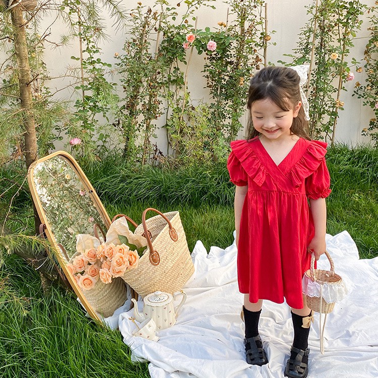 Váy bé gái Basci cổ chữ V phối bèo 2 mầu Đỏ và Đen XHN870