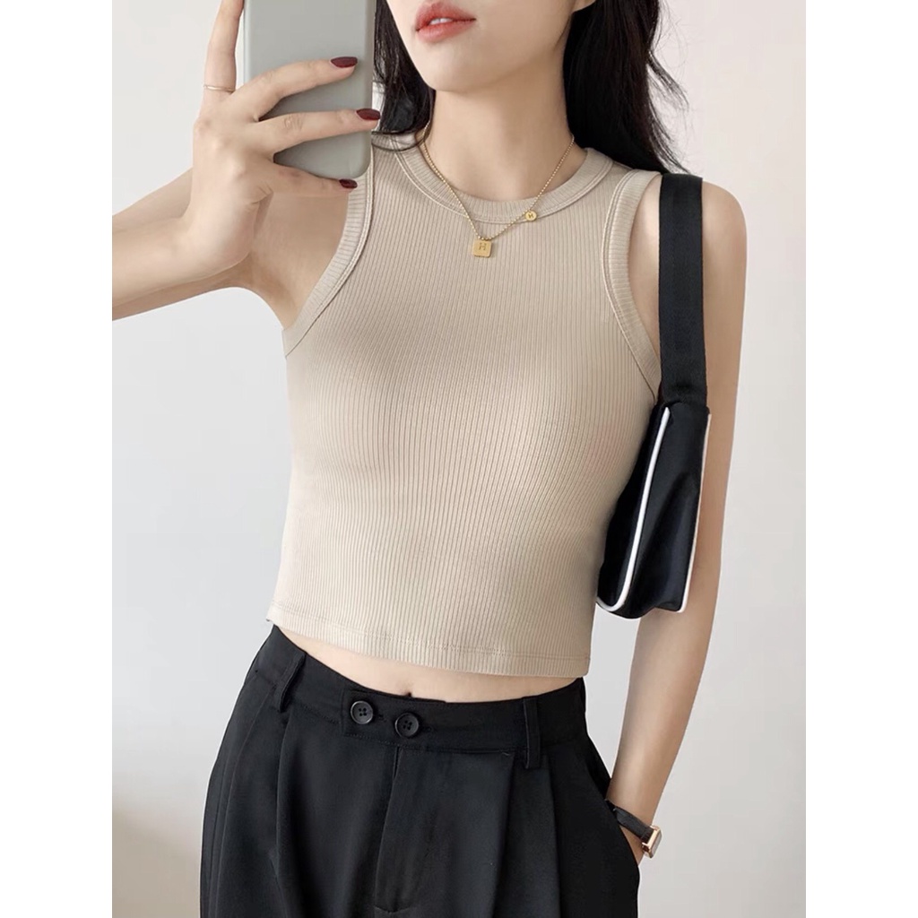 Áo croptop nữ sát nách ba lỗ cotton tăm co giãn tốt, Phông croptop body dáng ôm trơn freesize Tổ Kiến Vàng DL120