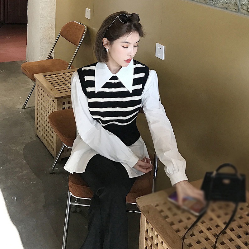 QKOOLE Áo nữ  không tay kẻ sọc ngang thời trang Hàn Quốc