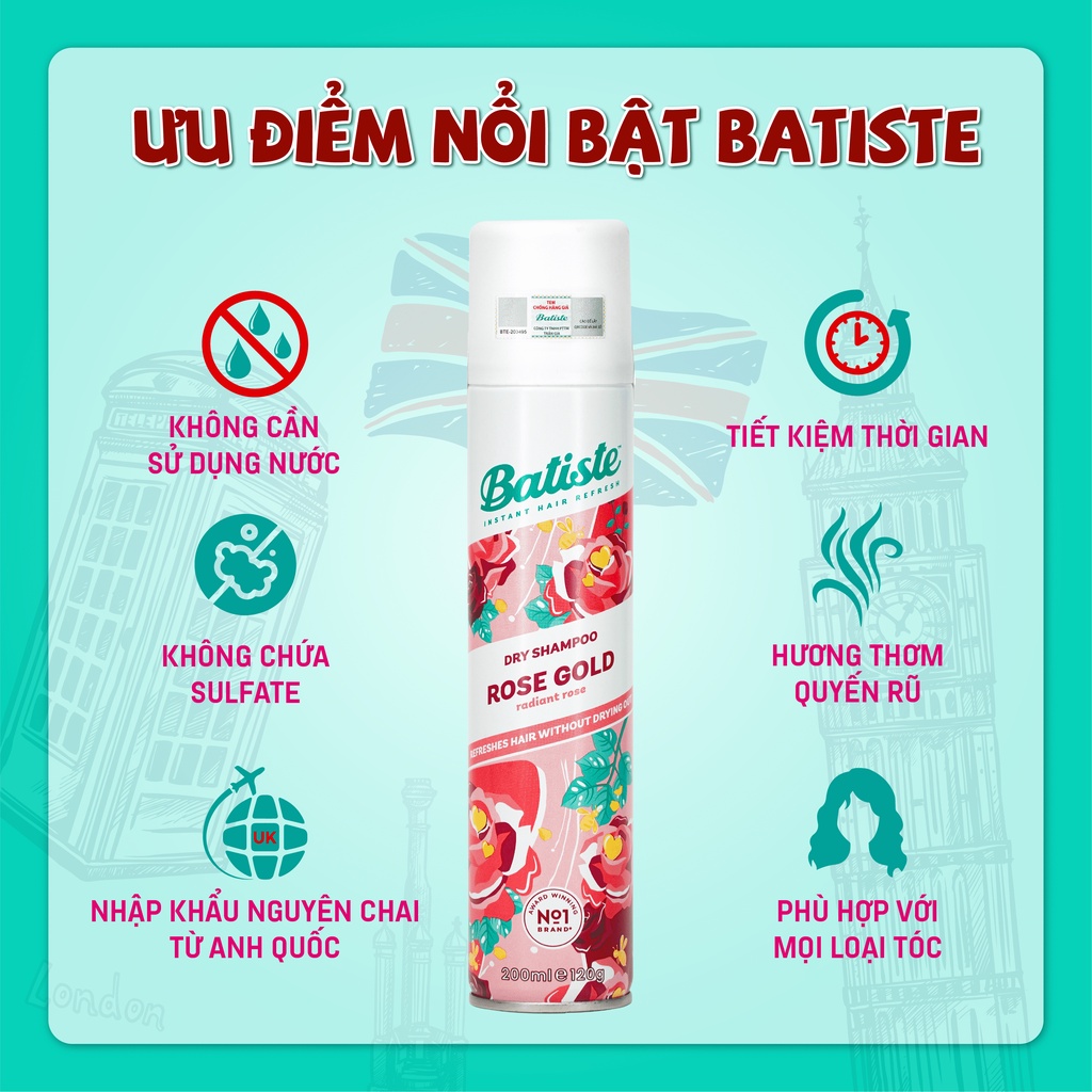 Dầu Gội Khô Batiste Hương Hoa Hồng - Batiste Dry Shampoo Rose Gold Radiant Rose 200ml