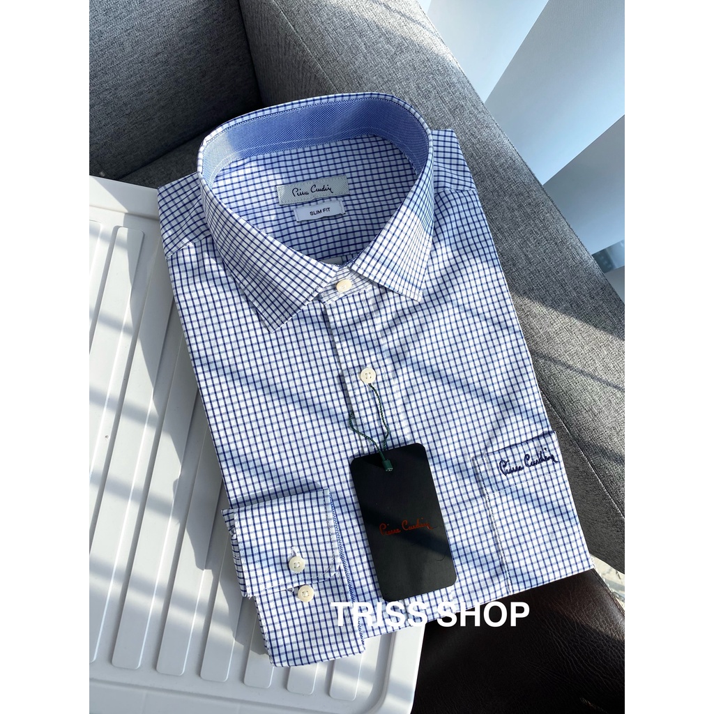 Áo sơ mi nam dài tay Pierre Cardin 11 xuất Hàn họa tiết caro cao cấp chất cotton thấm hút mồ hôi tốt mềm mại form slim