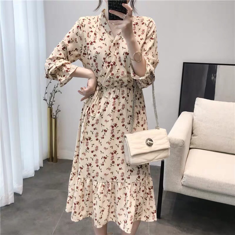 Đầm hoa nhí vintage dáng xòe đuôi cá tay lỡ chất voan dày dặn phong cách Hàn Quốc V14 - Roxie