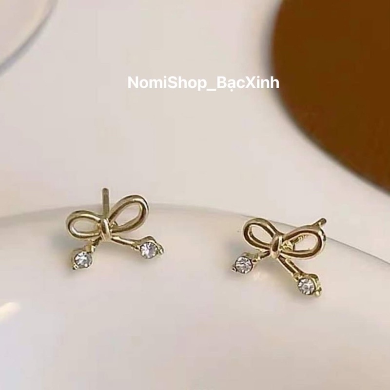 Bông tai nhỏ 2 đá nơ xinh xắn chuẩn bạc Mainomi Shop Bạc Xinh