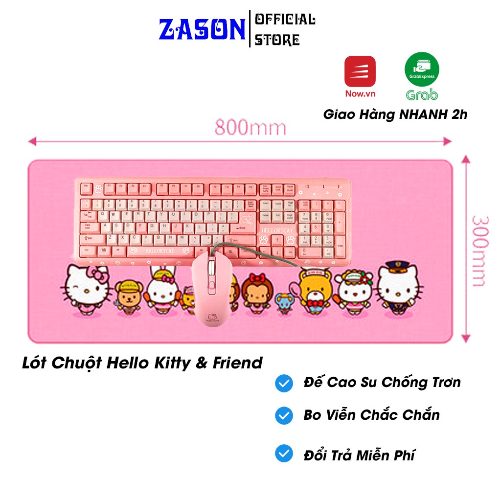 Lót Chuột Hello Kitty &amp; Friend Đế Cao Su Chống Trơn, Pad Chuột Hồng Khâu Viền Chắc Chắn Kích Thước 80x40cm
