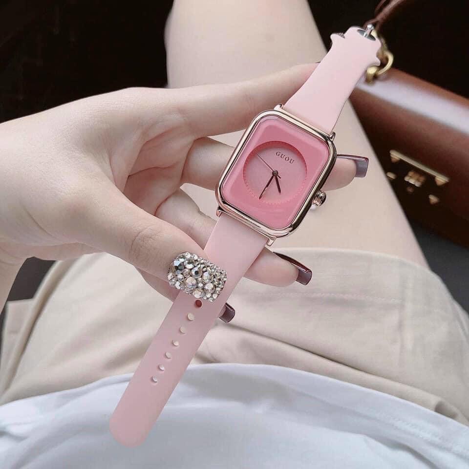 Đồng hồ nữ mặt vuông apple watch chính hãng GUOU dây cao su silicon chống nước viền vàng | BigBuy360 - bigbuy360.vn