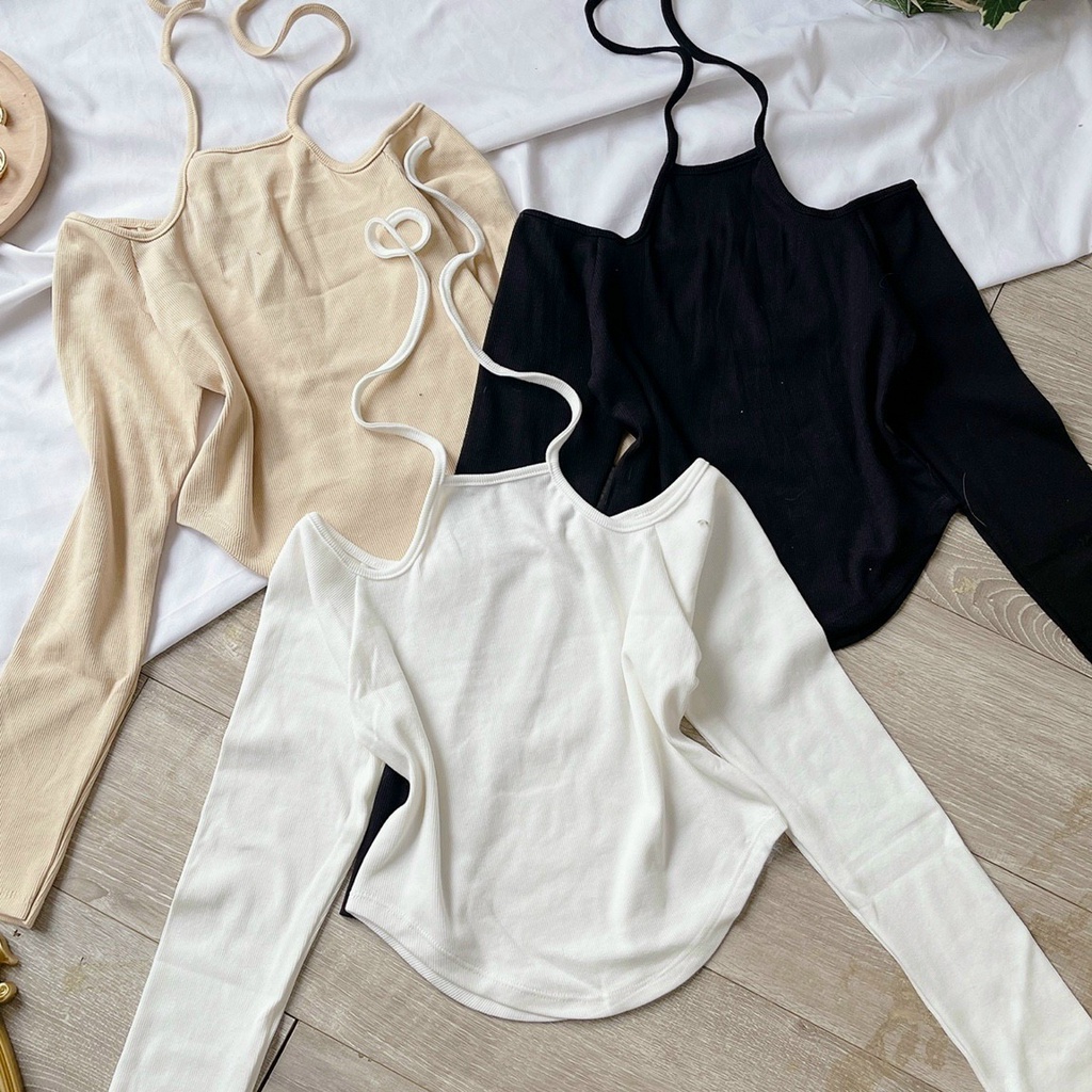 Áo trễ vai tay dài - trễ vai croptop dây yếm thun gân BARE - AO056