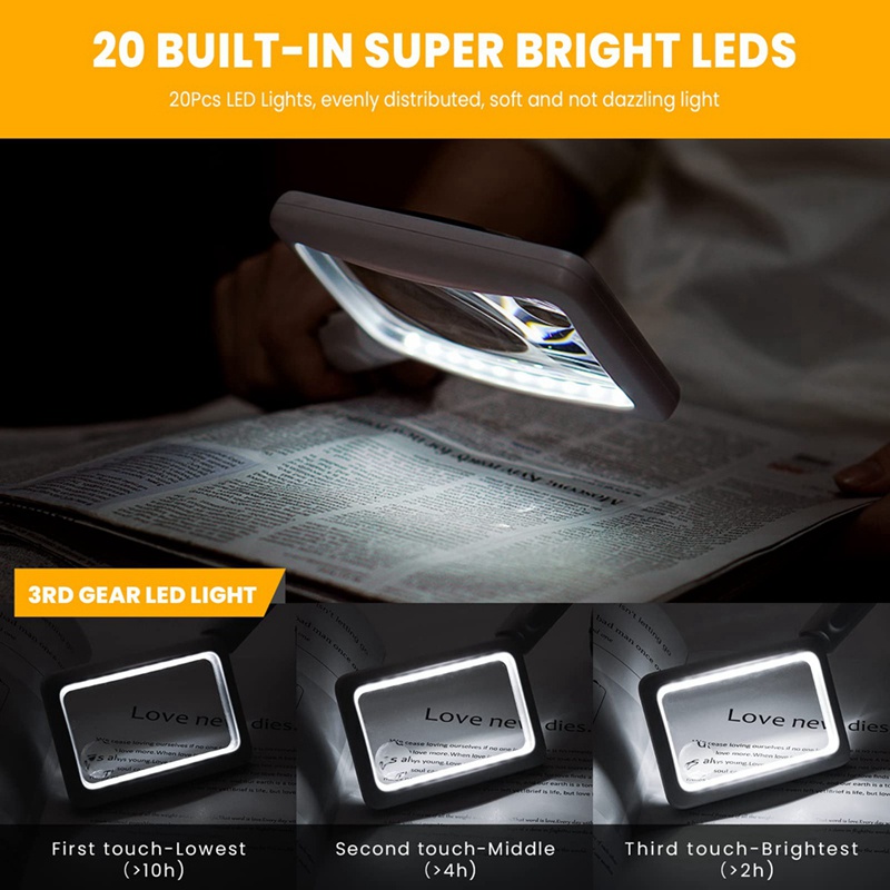 Kính Lúp 4X 20Led Hình Chữ Nhật Có Thể Sạc Lại 3 Chế Độ Sáng Tiện Dụng