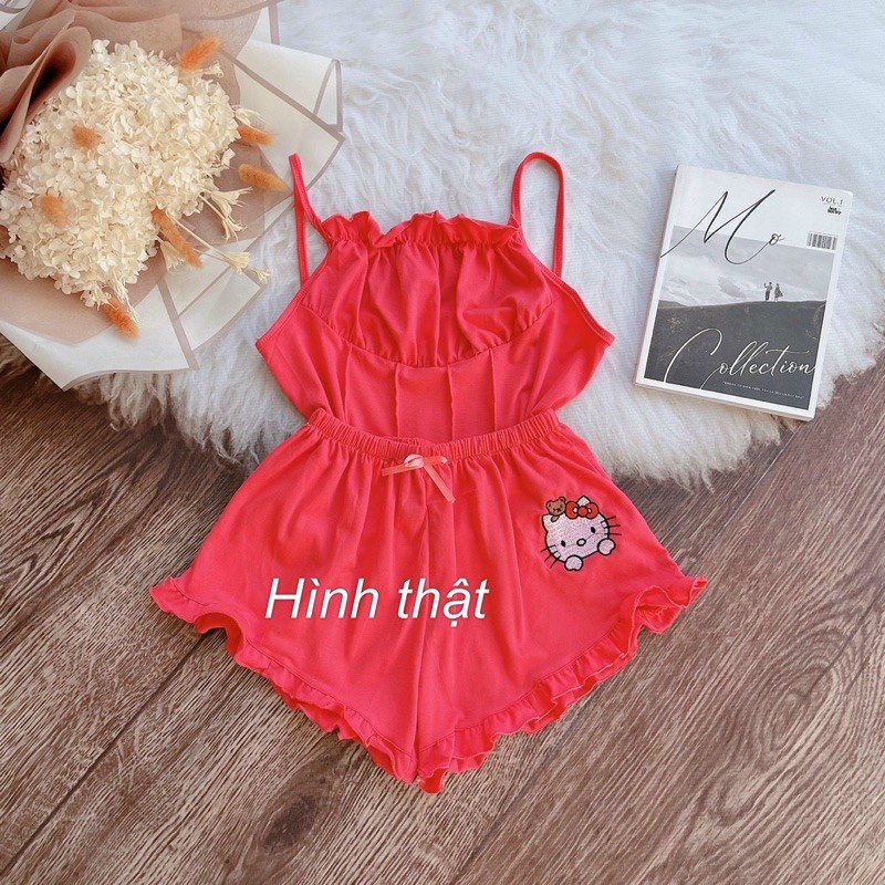 Set bộ ngủ 2 dây quần đùi bèo vải thun cotton -S0U