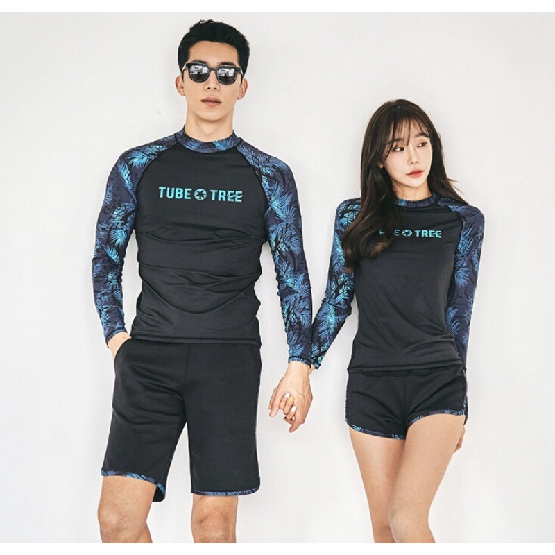 Bộ quần áo bơi đôi nam nữ dài tay mã L86 L88 đi biển 2022 áo đen phối tay hoạ tiết xanh cho cặp đôi | BigBuy360 - bigbuy360.vn