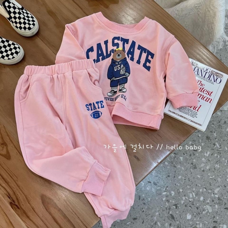 Bộ da cá cổ tròn gấu USA cho bé