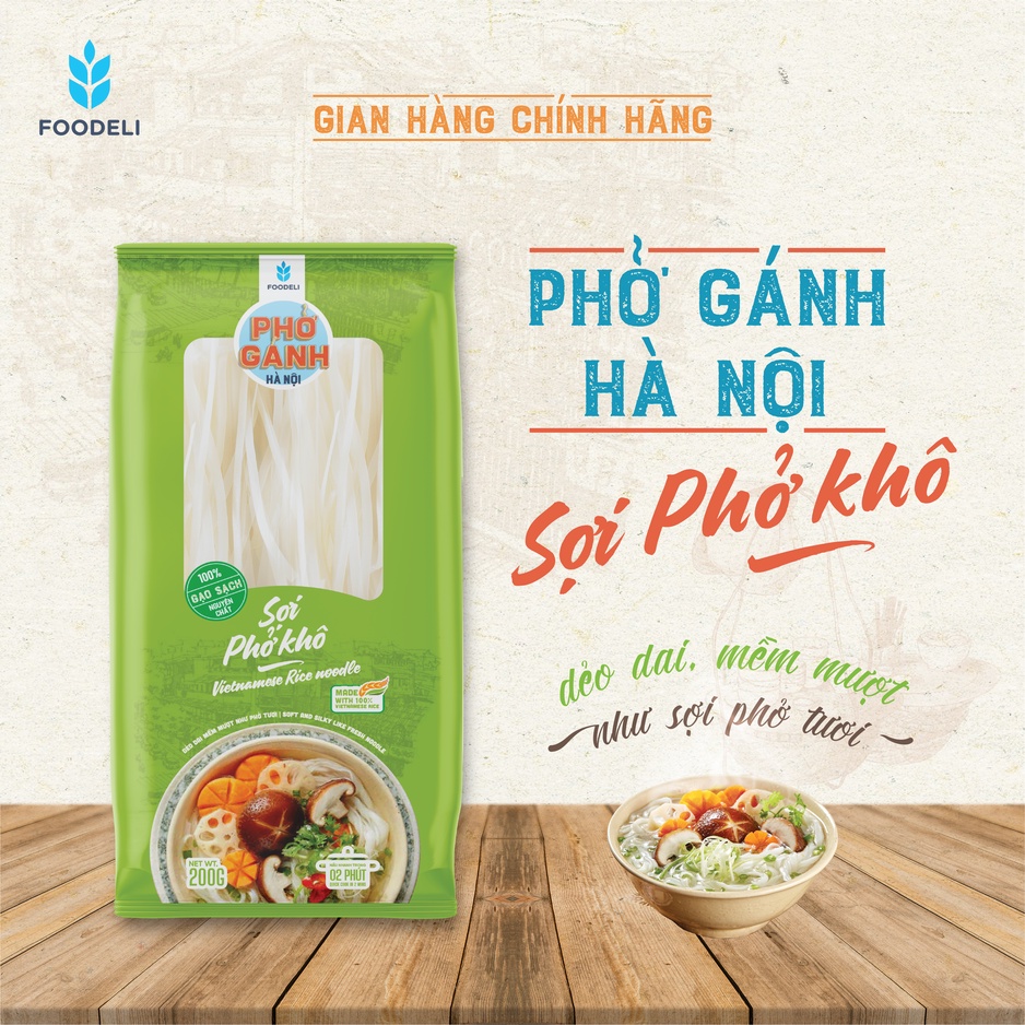 Phở Gánh Hà Nội Sợi Phở Khô 100% từ gạo nguyên chất, không chất bảo quản (Gói 200gr)