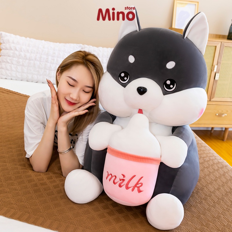 Gấu Bông Chó Husky Ôm Bình Sữa Cute Dễ Thương MINO STORE Mềm Mại Ôm Ngủ Mềm Mịn 70cm TH76