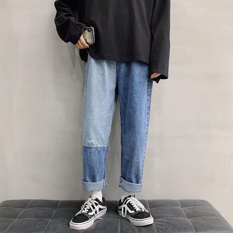 Quần bò jeans ống rộng cạp chun phối màu đậm nhạt Ulzzang hip hop siêu chất ❤️