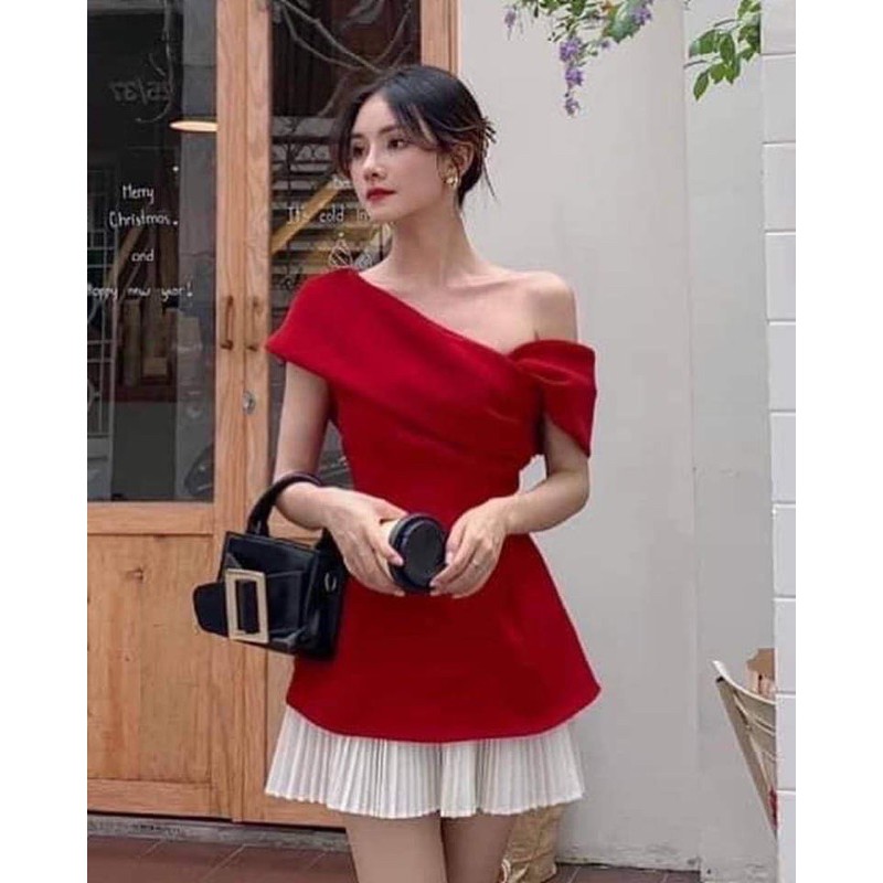 Set áo rớt vai + chân váy xếp ly | BigBuy360 - bigbuy360.vn