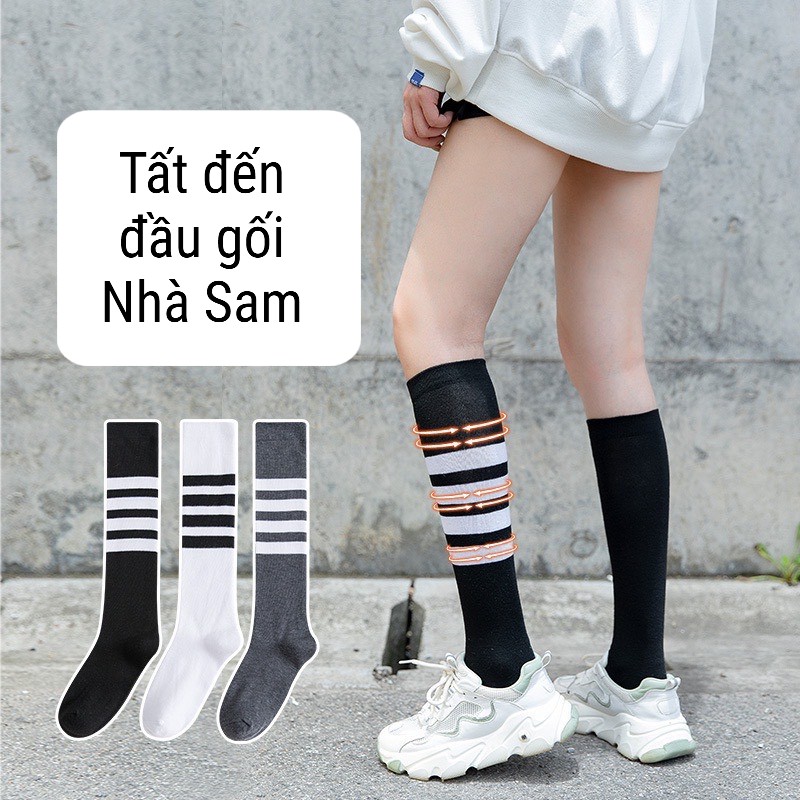 Tất dài đến đầu gối sọc kẻ 1 bên Thom cực chất cotton
