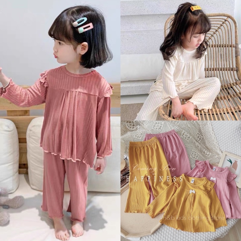 Bộ Dài Tay Chất Tăm Đũa Mềm Đính Nơ Cho Bé Gái 10-20kg