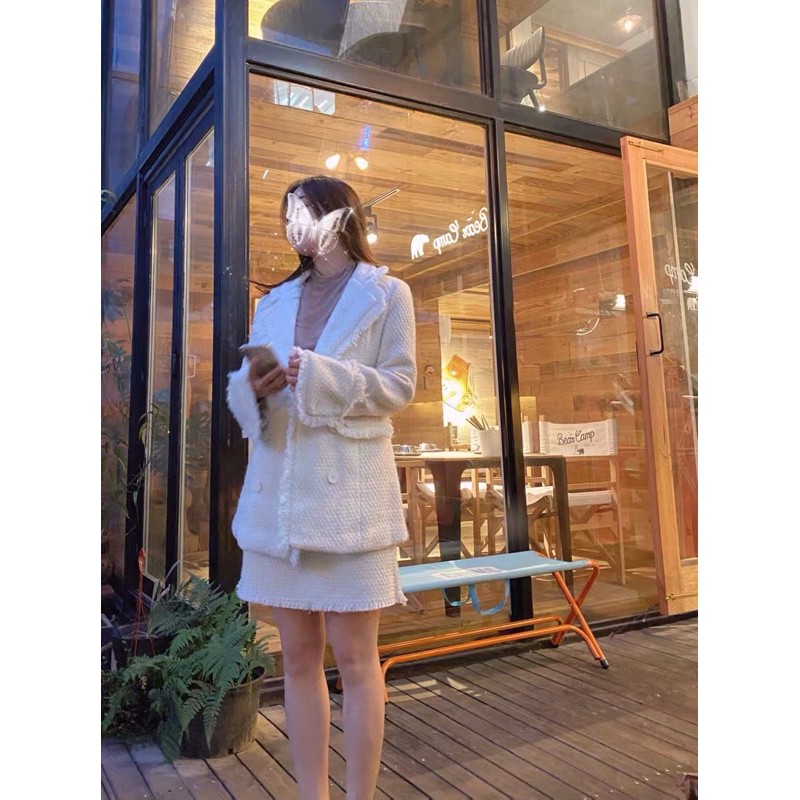 Set áo khoác vest dạ tweed và chân váy ngắn dạ tweed