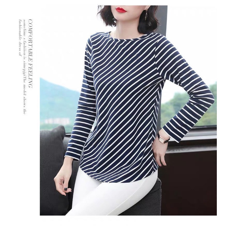 Áo Thun Tay Dài Dáng Rộng Plus Size Họa Tiết Kẻ Sọc Cho Phụ Nữ Trung Niên