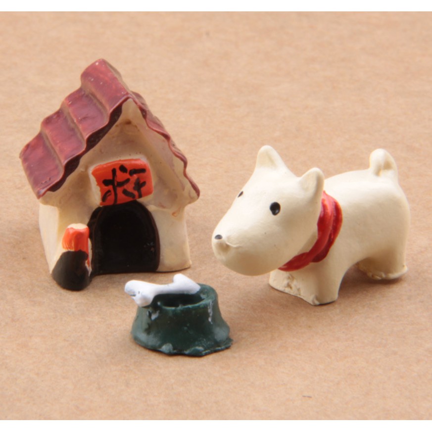 Combo mẫu chó trắng và chuồng nhỏ có kèm bát ăn riêng bằng chất liệu nhựa. để trang trí tiểu cảnh, DIY, móc khóa