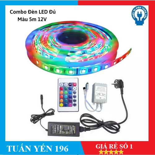 Combo Đèn LED Trang Trí Đủ Màu 5m 12V Có Keo Dán + Nguồn + Điều Khiển