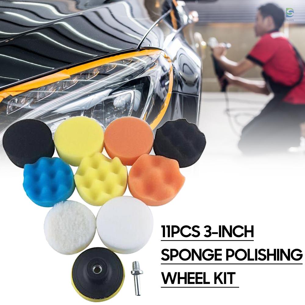 Bộ Dụng Cụ Đánh Bóng Xe Hơi 11 Món 3-inch Bằng Bọt Biển + Đệm Len Tiện Dụng