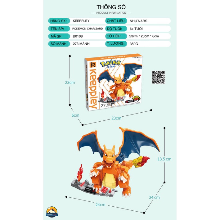 Đồ chơi lắp ghép xếp hình Pokemon rồng lửa Charizard B0108 chính hãng Keeppley